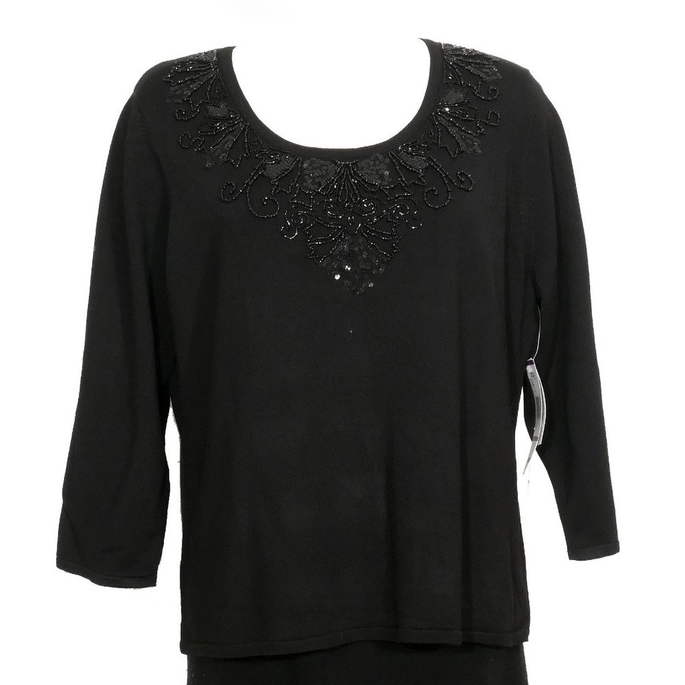 JONES NEW YORK Black Sequin Beaded Trimmed Scoop Neck Sweater 2X